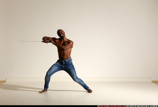 Man Adult Athletic Black Fighting with sword Moving poses Pants