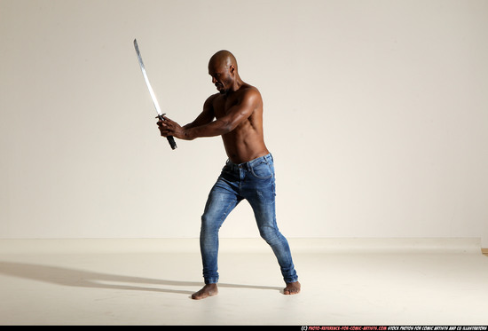 Man Adult Athletic Black Fighting with sword Moving poses Pants