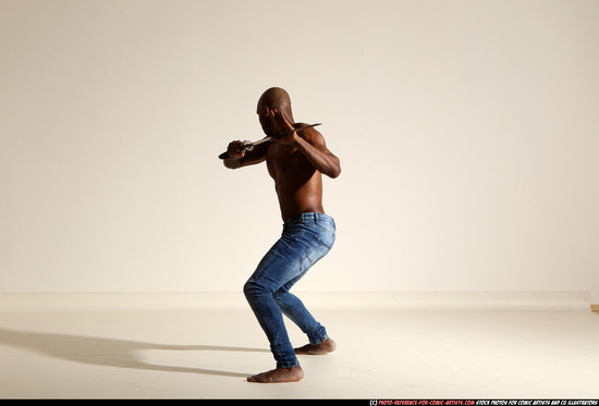 Man Adult Athletic Black Fighting with sword Moving poses Pants