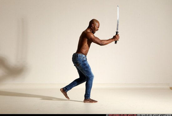 Man Adult Athletic Black Fighting with sword Moving poses Pants