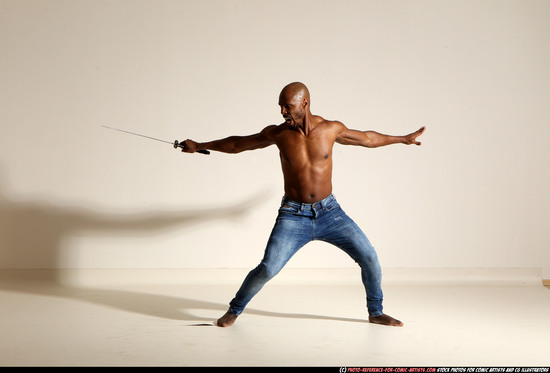 Man Adult Athletic Black Fighting with sword Moving poses Pants