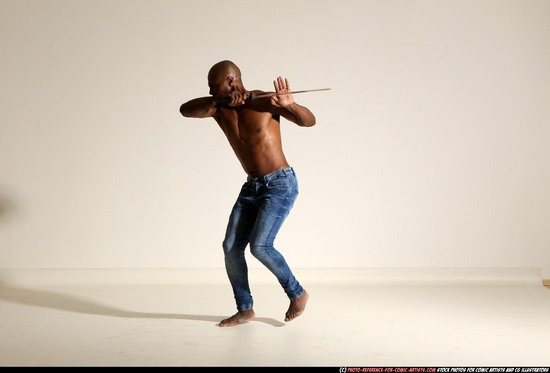 Man Adult Athletic Black Fighting with sword Moving poses Pants