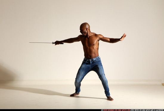 Man Adult Athletic Black Fighting with sword Moving poses Pants