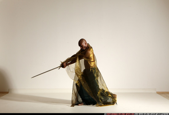 Man Adult Athletic Black Fighting with sword Moving poses Army