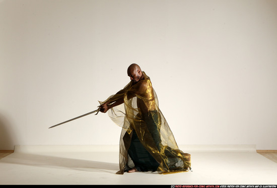 Man Adult Athletic Black Fighting with sword Moving poses Army