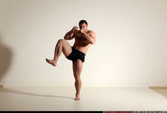 Man Adult Muscular White Kick fight Moving poses Underwear