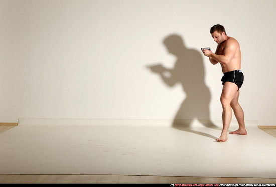 Man Adult Muscular White Fighting with gun Moving poses Underwear