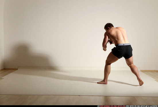 Man Adult Muscular White Fighting with gun Moving poses Underwear