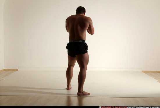 Man Adult Muscular White Fighting with gun Moving poses Underwear