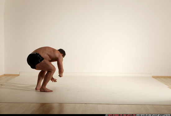 Man Adult Muscular White Fighting with gun Moving poses Underwear