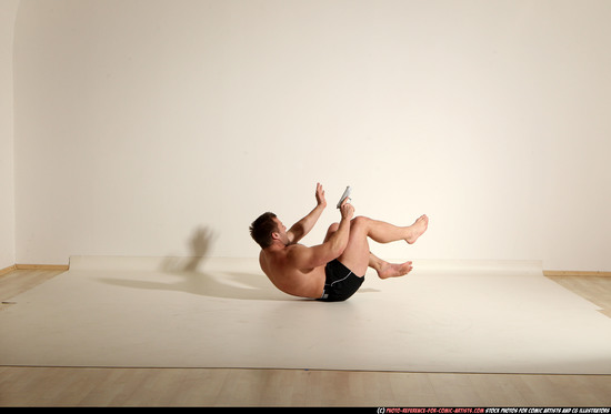 Man Adult Muscular White Fighting with gun Moving poses Underwear