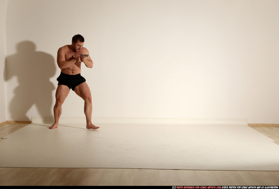 Man Adult Muscular White Fighting with gun Moving poses Underwear