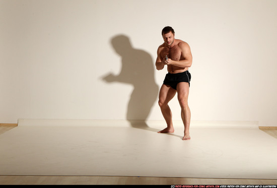 Man Adult Muscular White Fighting with gun Moving poses Underwear