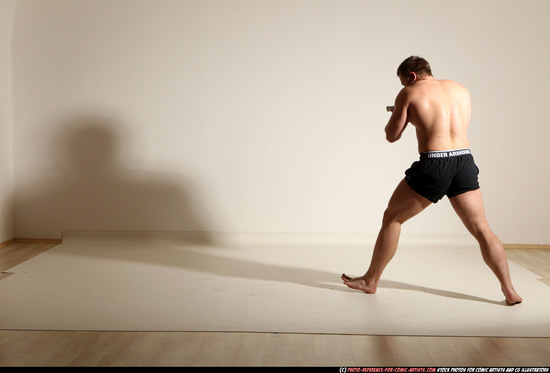 Man Adult Muscular White Fighting with gun Moving poses Underwear