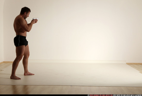 Man Adult Muscular White Fighting with gun Moving poses Underwear