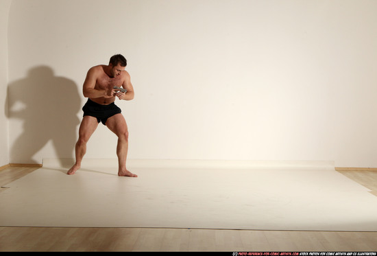 Man Adult Muscular White Fighting with gun Moving poses Underwear