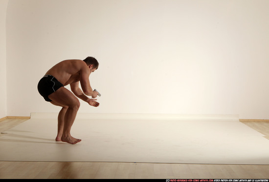 Man Adult Muscular White Fighting with gun Moving poses Underwear