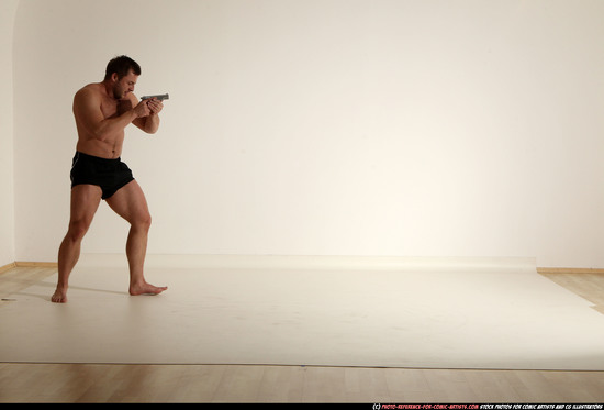 Man Adult Muscular White Fighting with gun Moving poses Underwear