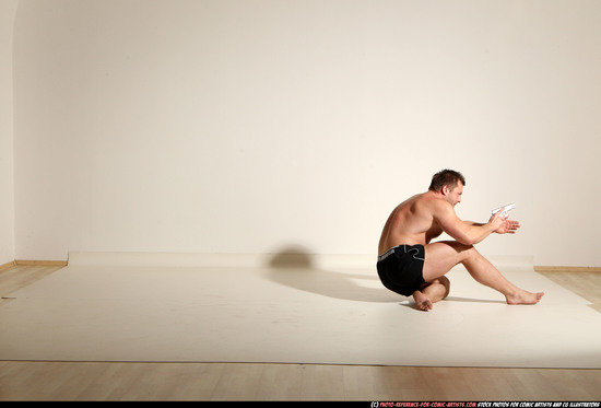 Man Adult Muscular White Fighting with gun Moving poses Underwear