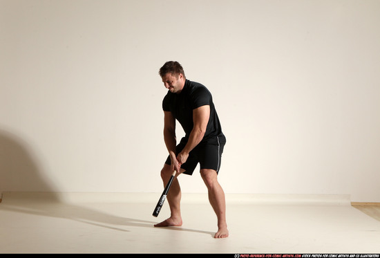 Man Adult Muscular White Moving poses Sportswear Fighting with bat