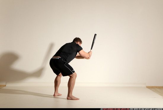 Man Adult Muscular White Moving poses Sportswear Fighting with bat