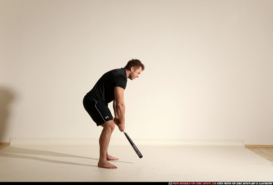 Man Adult Muscular White Moving poses Sportswear Fighting with bat