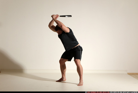 Man Adult Muscular White Moving poses Sportswear Fighting with bat