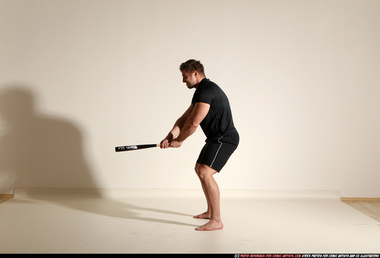 Man Adult Muscular White Moving poses Sportswear Fighting with bat