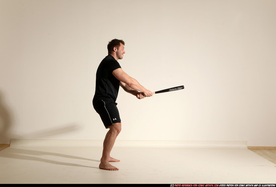 Man Adult Muscular White Moving poses Sportswear Fighting with bat