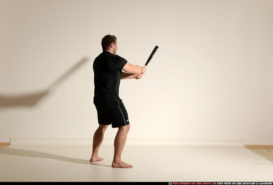 Man Adult Muscular White Moving poses Sportswear Fighting with bat