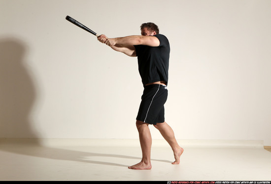 Adult Muscular White Moving poses Sportswear Fighting with bat