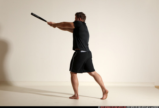 Adult Muscular White Moving poses Sportswear Fighting with bat