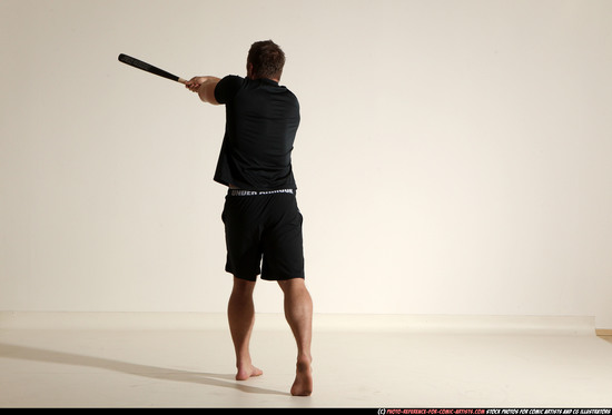 Adult Muscular White Moving poses Sportswear Fighting with bat