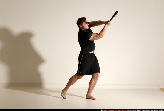 Adult Muscular White Moving poses Sportswear Fighting with bat