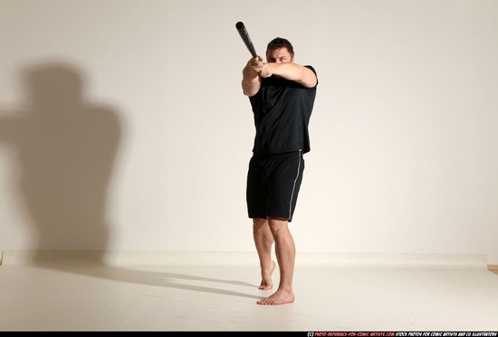 Adult Muscular White Moving poses Sportswear Fighting with bat