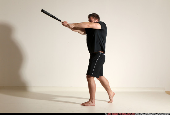 Adult Muscular White Moving poses Sportswear Fighting with bat