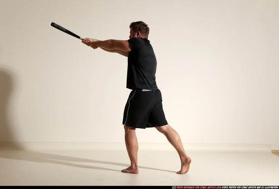 Adult Muscular White Moving poses Sportswear Fighting with bat