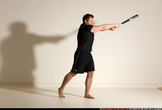 Adult Muscular White Moving poses Sportswear Fighting with bat