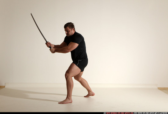 Man Adult Muscular White Fighting with sword Moving poses Sportswear