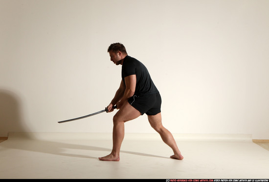 Man Adult Muscular White Fighting with sword Moving poses Sportswear