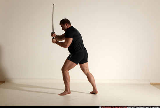 Man Adult Muscular White Fighting with sword Moving poses Sportswear