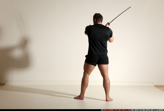 Man Adult Muscular White Fighting with sword Moving poses Sportswear