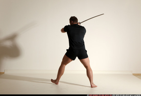 Man Adult Muscular White Fighting with sword Moving poses Sportswear