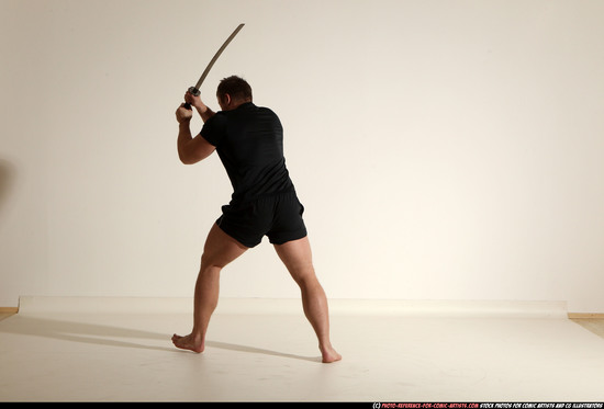 Man Adult Muscular White Fighting with sword Moving poses Sportswear