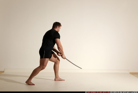 Man Adult Muscular White Fighting with sword Moving poses Sportswear