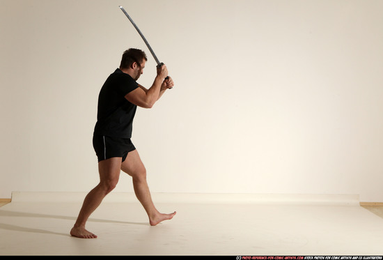 Man Adult Muscular White Fighting with sword Moving poses Sportswear