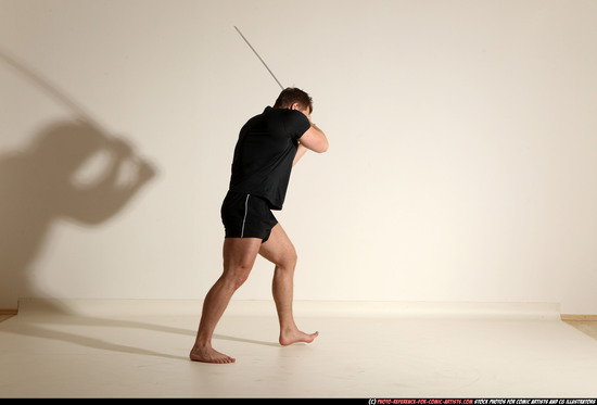 Man Adult Muscular White Fighting with sword Moving poses Sportswear