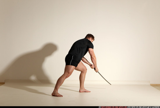 Man Adult Muscular White Fighting with sword Moving poses Sportswear