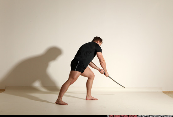 Man Adult Muscular White Fighting with sword Moving poses Sportswear