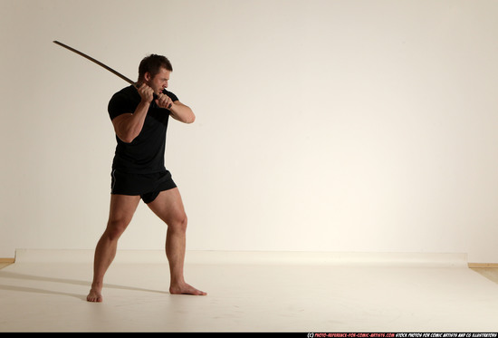 Man Adult Muscular White Fighting with sword Moving poses Sportswear